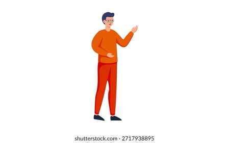 Ilustración vectorial plana de un joven con gafas, en suéter naranja y pantalones rojos, de pie con confianza con una mano levantada como si explicara, presentara o enseñara algo. Ideal para conceptos como explicación de negocios, educación, capacitación, oratoria, comunicación, liderazgo, profesor, entrenador, presentador y orientación profesional en estilo de diseño plano moderno. 