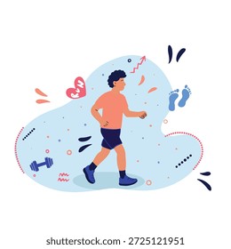 Flache Vektorgrafik eines jungen Mannes, der für Fitness und gesunden Lebensstil läuft oder joggt. Konzept für Cardio-Workout, Outdoor-Aktivität und Wellness mit abstrakten dekorativen Elementen.