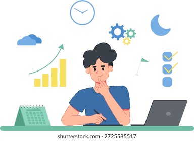 Uma ilustração vetorial plana de um jovem pensando e planejando sua estratégia de negócios. A cena é cercada por ícones de produtividade, incluindo um gráfico de barras de crescimento, um relógio, engrenagens para sistemas, uma lua crescente para trabalho noturno e uma lista de verificação. Este conceito representa o gerenciamento holístico de negócios, a definição de metas e o sucesso profissional. Ideal para landing pages de start-ups, aplicativos de produtividade e blogs de empreendedorismo.