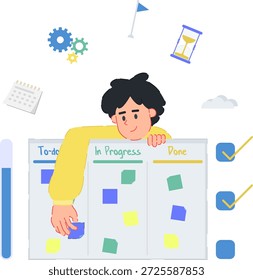 Uma ilustração vetorial plana de um jovem organizando tarefas em um conselho de gerenciamento de projetos. A cena apresenta um layout em estilo Kanban com colunas 'To-Do', 'In Progress' e 'Done', completo com notas adesivas coloridas, uma ampulheta, engrenagens e ícones de marca de seleção. Esse conceito representa fluxo de trabalho ágil, priorização de tarefas, produtividade da equipe e controle eficiente de projetos. Perfeito para software de gerenciamento de projetos, blogs de negócios e ferramentas de produtividade de escritório.