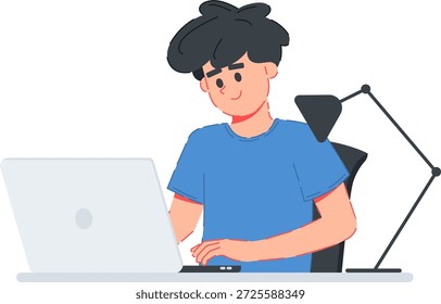 Eine flache Vektorgrafik eines jungen Mannes, der an einem sauberen Schreibtisch, beleuchtet von einer modernen Schreibtischlampe, intensiv an seinem Laptop arbeitet. Dieses Konzept steht für Fokus, engagierte professionelle Arbeit, Late-Night-Studium oder einen produktiven, freiberuflichen Lebensstil. Ideal für Technologie-Blogs, Heimbüro-Innenausstattung und E-Learning-Plattformen.