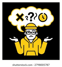 A flat vector illustration of a young man in a yellow hoodie shrugging his shoulders in confusion with symbols of time and doubt above him