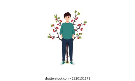 A flat vector illustration of a young man with dark hair wearing a green sweater and blue pants, standing with his hands in his pockets in front of a thorny bush laden with red berries. The character is centered against a clean white background, creating a minimalist and modern aesthetic suitable for various design projects.