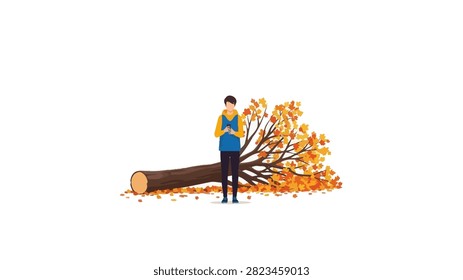 A flat vector illustration of a young man using his smartphone while standing in front of a large fallen tree with vibrant autumn leaves. The image depicts a conceptual scene of environmental awareness, reporting damage, or the intersection of technology and nature against a clean white background.