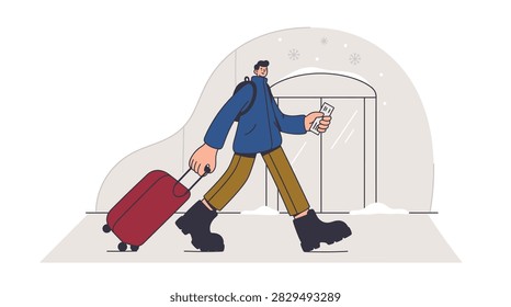 A flat vector illustration of a young man walking with a suitcase and a ticket, arriving at an airport or station during winter.