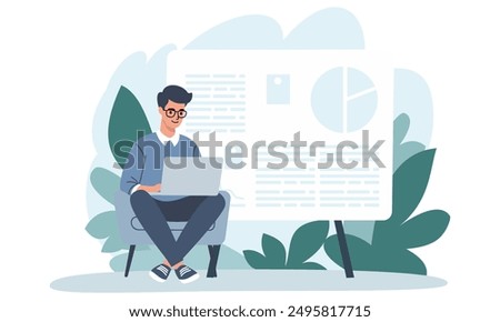 Flat vector illustration. Young man sitting in a chair and working, banner. Man giving presentation from home 