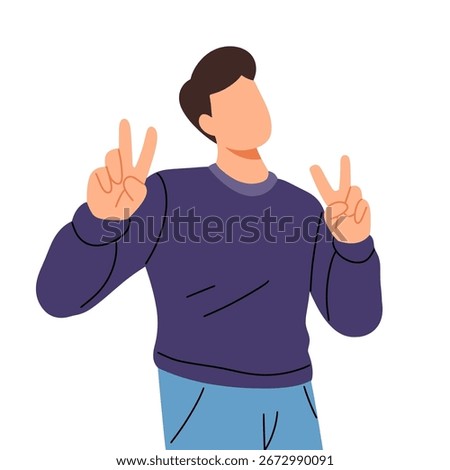 Flat vector illustration of a young man making a peace sign with both hands. Symbol of victory, positivity, happiness, freedom, and cool lifestyle. Perfect for design, business, and education