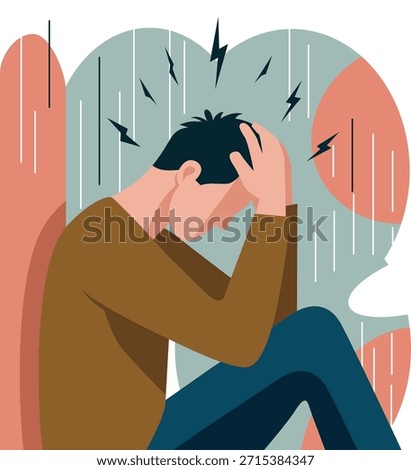 Flat vector illustration of a young man sitting in distress, holding his head, representing mental health struggles, anxiety, depression, and emotional burnout
