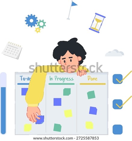 A flat vector illustration of a young man organizing tasks on a project management board. The scene features a Kanban-style layout with 'To-Do', 'In Progress', and 'Done' columns, complete with colorful sticky notes, an hourglass, gears, and checkmark icons. This concept represents agile workflow, task prioritization, team productivity, and efficient project tracking. Perfect for project management software, business blogs, and office productivity tools.