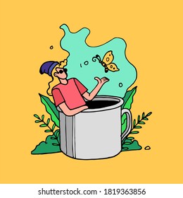 flat vector illustration young men enjoying nature inside big can natural background landing page advertisement