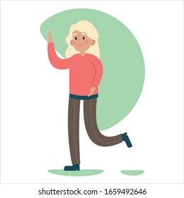 
Flat vector illustration with young modern girl. A blonde girl in a coral sweater greets someone. The woman is standing on a white background isolated.