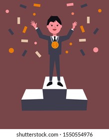 flat vector illustration. Young office employee businessman happy on a podium. Winner and success, leader of the corporate ladder