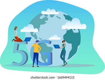 Flat vector illustration. Young people stand with laptops and smartphones on the background of the Earth and the inscription 5G. the Concept of global communication of the new generation.