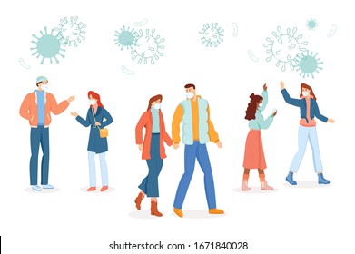 Flat vector illustration. Young people wearing medical face masks. Coronavirus 2019-ncov epidemic. Virus in the air. Against the epidemic and the virus. Outbreak virus epidemic flu people.