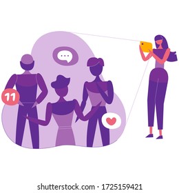 Flat vector illustration. Young people holding smartphones and texting, talking, taking selfie. Group of male and female cartoon characters with mobile phones. Social life.