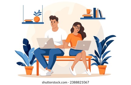 Flat vector illustration. Young people girl and guy working with laptops at home. 