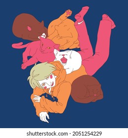 Flat vector illustration. Young person lies surrounded by multicolored cats. Simple bright colors. Manga anime style.