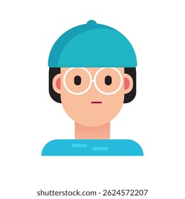Flat vector illustration of a young person wearing glasses and a cap, with a neutral facial expression. Simple and modern character design