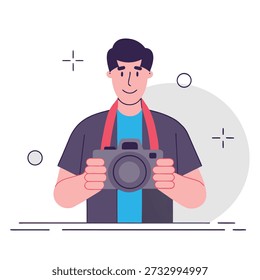 Flat vector illustration of a young photographer holding a gray camera with a red strap. The man is smiling while wearing a blue shirt and purple jacket.