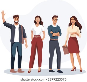 Ilustración vectorial plana. Jóvenes positivos parados y sonriendo, saludando sus manos