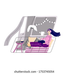 Flat vector illustration with a young pretty woman sitting on a cozy balcony and hanging in the phone. Nearby lies a cat. Relaxing at home vector concept