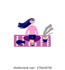 Flat vector illustration with a young pretty woman sitting in lotus position on a yoga mat with houseplant, cup of tea, coffee, curious cat. Reading, working, studying at the laptop at home