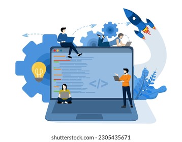 Flat vector illustration, young programmer coding website on laptop from command line, doing coding activity, system administrator trying to hack system, IT field team work vector.