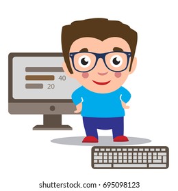 Flat vector illustration of young programmer coding a new project using programmimg skills and working as system admin