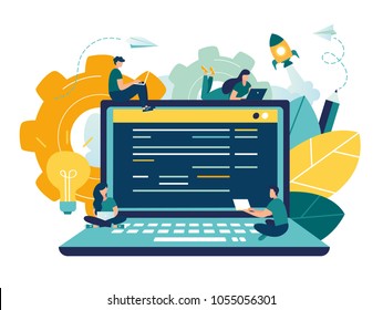 Flat Vector Illustration, Young Programmers Code The Web Site On The Laptop From The Command Line, The System Administrator Tries To Hack The System, Team Work Vector
