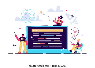 Flat vector illustration, young programmers code the web site on the laptop from the command line, the system administrator tries to hack the system, team work