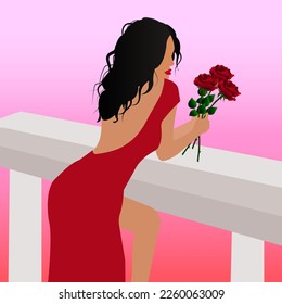 Ilustración vectorial plana de una joven sexy con un elegante vestido rojo con la espalda abierta en un balcón y sujeta un ramo de rosas escarlatas realistas en su mano
