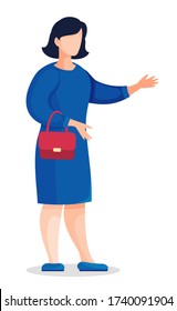 Flat vector illustration of young short-haired brunette woman wearing blue office dress, holding mini red bag. Portrait of cartoon character in stylish cloth. Young girl isolated at white background