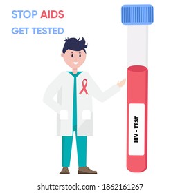 Flat vector illustration of a young smiling doctor showing test tube with hiv test and inscription Stop AIDS Get Tested. World First AIDS day awareness, HIV prevention red ribbon as a symbol of Aids