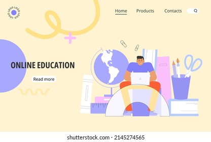 Flat vector illustration with young student or schoolboy is studying at the university or school online. Concept of online education. School supplies are on the background.