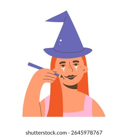 Ilustração vetor plana de uma jovem bruxa aplicando maquiagem de Halloween contra fundo branco. Design de personagem assustador brincalhão para convites de festa, embalagem cosmética e férias festivas