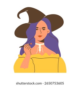 Flat vector illustration of a young witch wearing a hat and applying makeup for Halloween