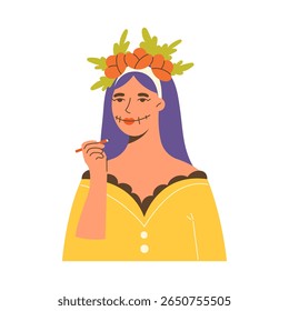 Ilustração vetor plana de uma jovem bruxa com flores no cabelo aplicando a maquiagem de Halloween