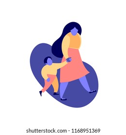 Flat vector illustration. Young woman with child . Mother leads the son by the hand. Son and mom. 