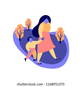 Flat vector illustration. Young woman with child . Mother leads the son by the hand. Son and mom. Autumn trees.