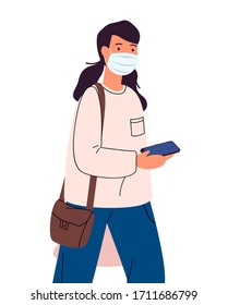 Flat vector illustration of young woman in face medical mask holding smartphone in hands. Respiratory protection from virus. Bacterias at phone. Viral pandemic, protection against infection