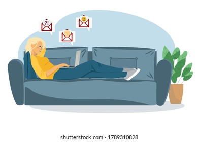 Flat vector illustration. Young woman sits on a blue couch and works at home with a laptop checking mail. Cozy modern living room with sofa, indoor plants. Woman indoors at remote work.