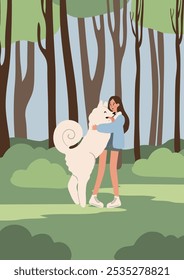 Flat vector illustration of a young woman embracing a fluffy white dog in a serene forest. The peaceful scene highlights their bond amidst a lush, verdant woodland backdrop.