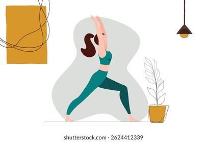A flat vector illustration of a young woman practicing yoga at home in a modern, minimalistic interior. She is in a warrior pose, promoting wellness, balance, and healthy living through indoor fitness