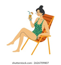 Flat vector illustration of a young woman wearing sunglasses with a fruit cocktail , sitting in a deck chair, isolated on a white background.