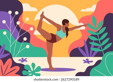 Flat vector illustration of young woman in sport clothes doing yoga pose, asana in the park. Stylized plants and trees in trendy vivid colors create a vibrant nature background.