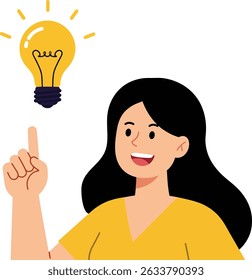 Flat vector illustration of a young woman character pointing upward with one finger while a lightbulb glows above her head, symbolizing a bright idea or inspiration. 