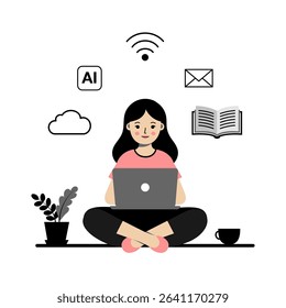 Flat vector illustration of a young woman studying on a laptop, surrounded by icons related to education and technology. Perfect for themes like online courses, e-learning and digital education.