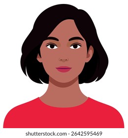 Flat vector illustration of a young woman with medium skin tone, short black hair, and red top on a white background. Perfect for avatar, profile icon, diversity, beauty, and web design projects.