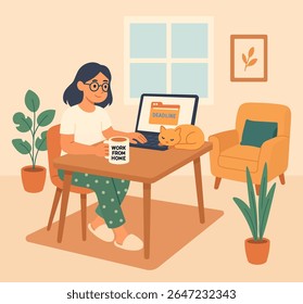Flat vector illustration of a young woman working from home in cozy pajamas, with a cat, coffee mug, and laptop. Perfect for concepts of remote work, freelance, and work-life balance.