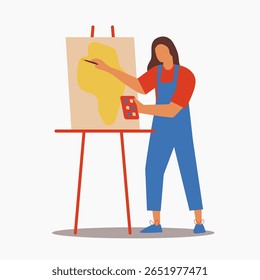 Uma ilustração vetorial plana de uma jovem mulher pintando em uma tela usando um pincel. Artista feminina em pé na frente de um cavalete criando arte. Conceito de arte criativa para hobby, talento, aula de arte ou dor